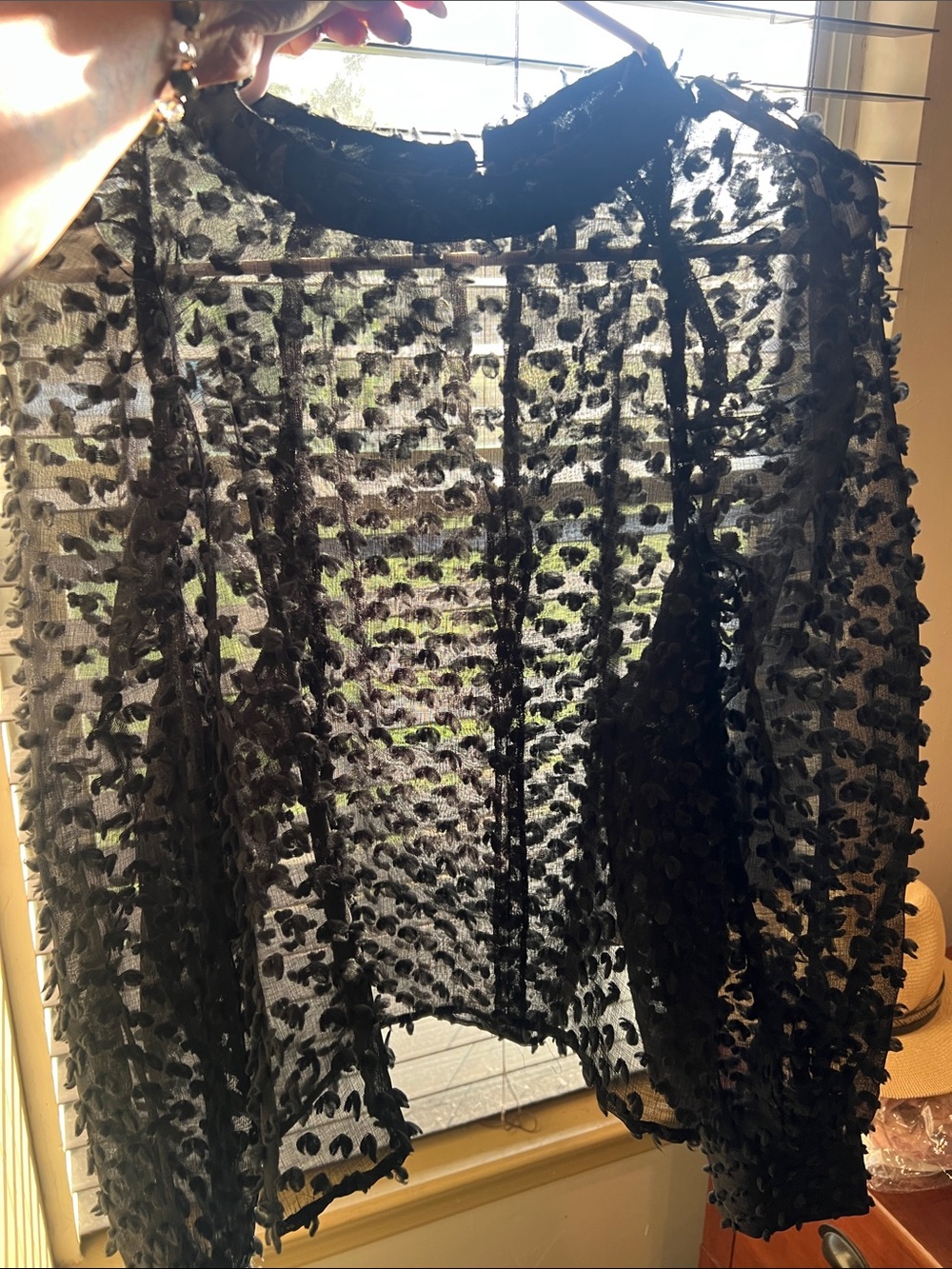 Versona Sheer Black Textured Dot Blouse